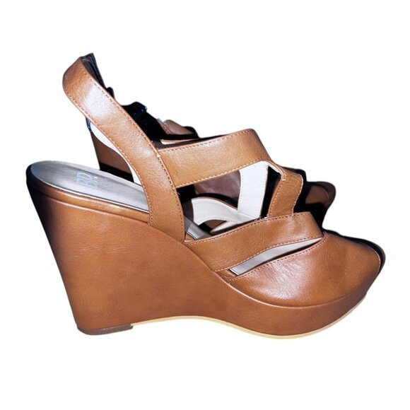 BP Brown Strappy Open Peeop Toe Wedge Sandals Sz 8 M Womens Brown - Picture 1 of 9